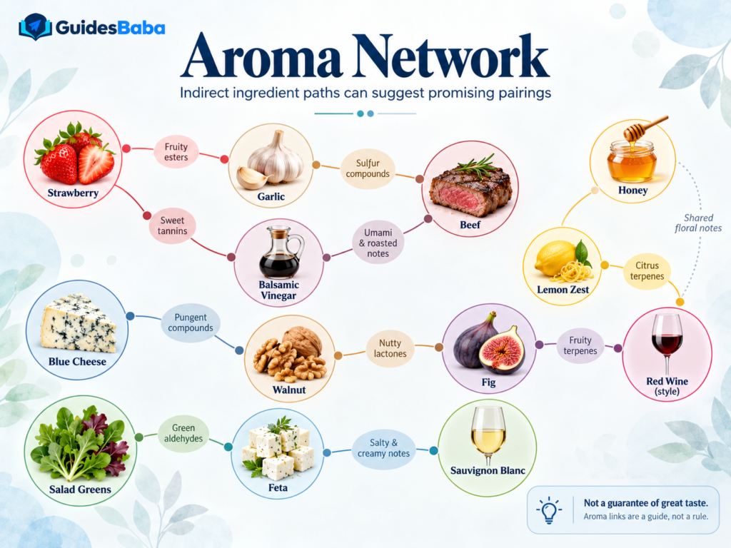 What is flavor bridging in food pairing? GuidesBaba aroma-network graphic showing indirect ingredient paths and pairings.