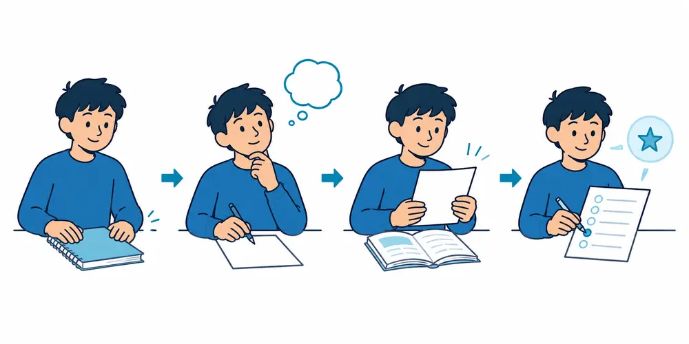 Student recalling an answer checking notes and marking a weak topic