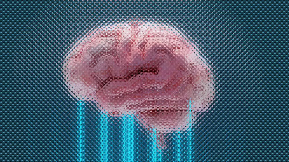 A brain displayed with glowing blue lines