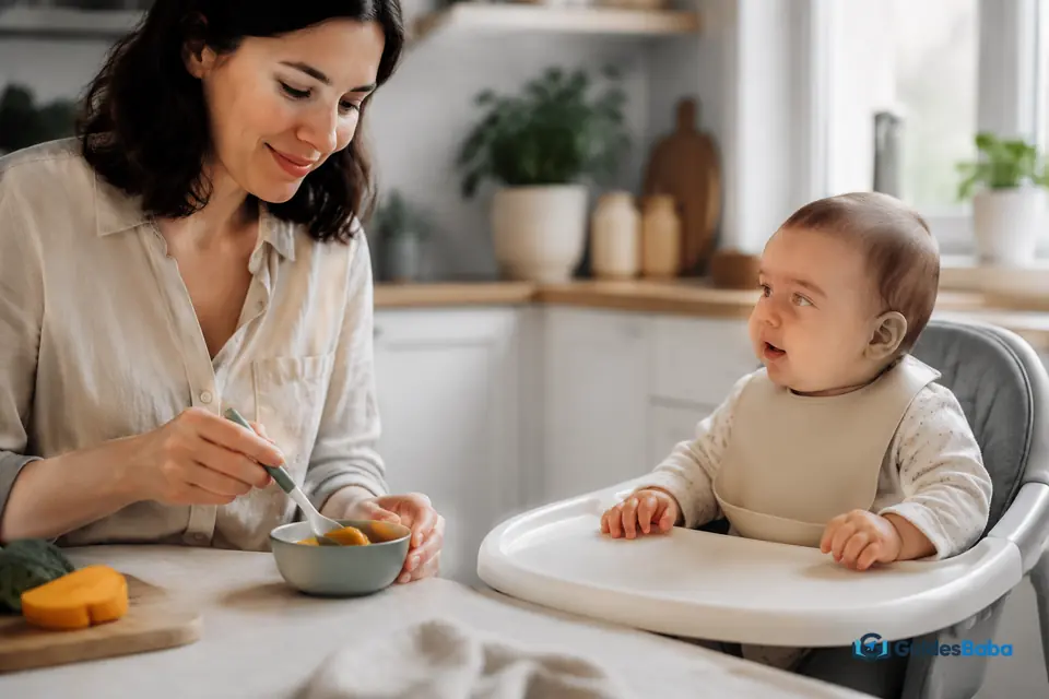 Parent introducing solid food to a baby