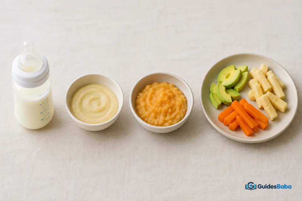 Milk and first solid foods for a baby
