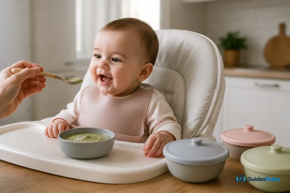Baby seated safely for a solid-food meal
