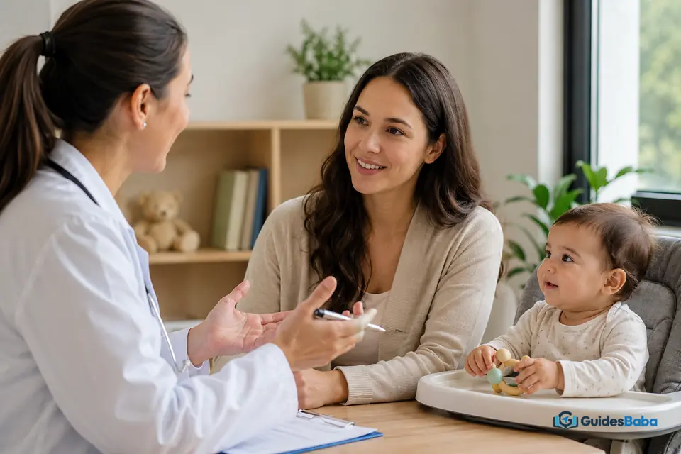 Parent discussing solid food readiness with a pediatrician