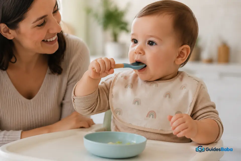 Baby learning to swallow solid food
