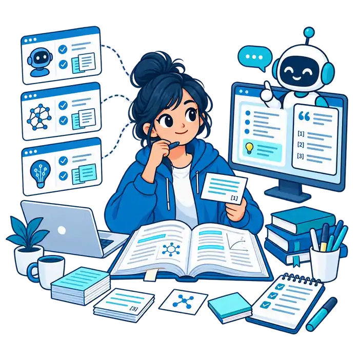 student comparing AI note tools beside books