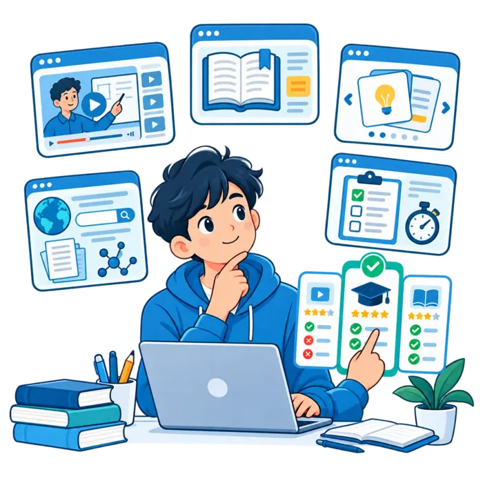 Student comparing free study websites for lessons books flashcards and practice