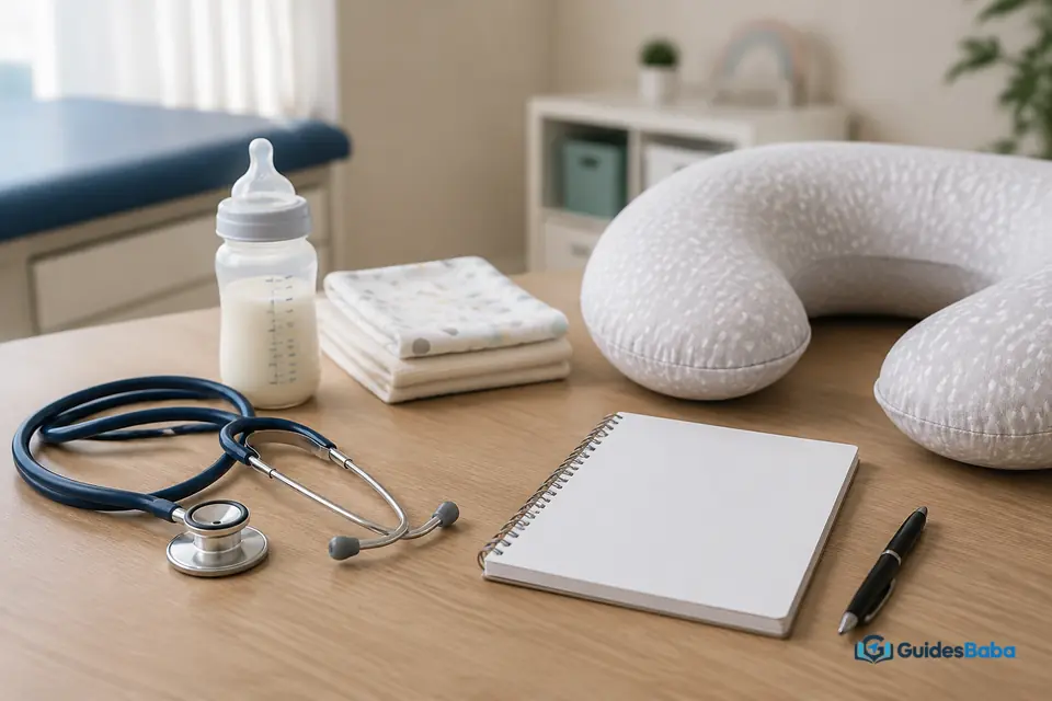 Infant feeding supplies beside a health professional's notes