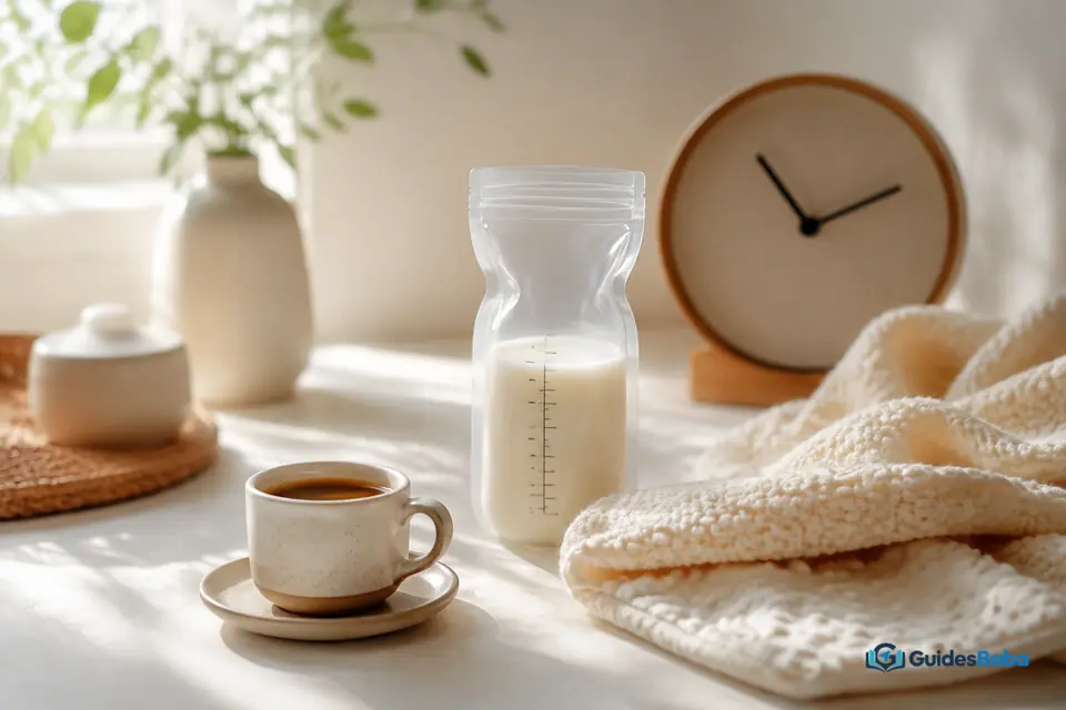 Coffee beside stored breast milk and a clock