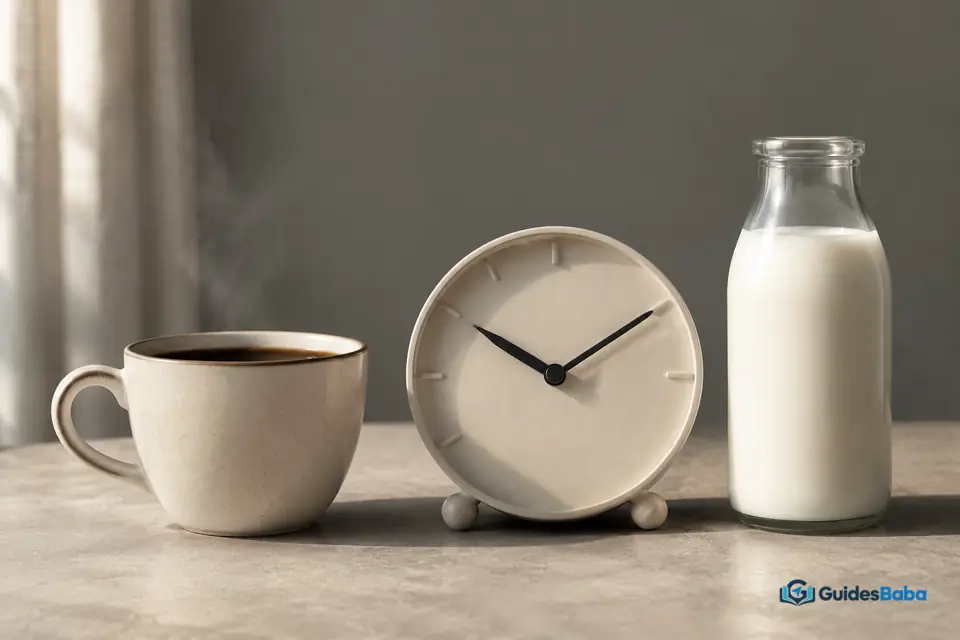 Coffee, milk, and a clock showing caffeine timing