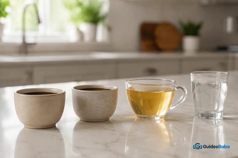 Lower-caffeine drink choices including tea and water