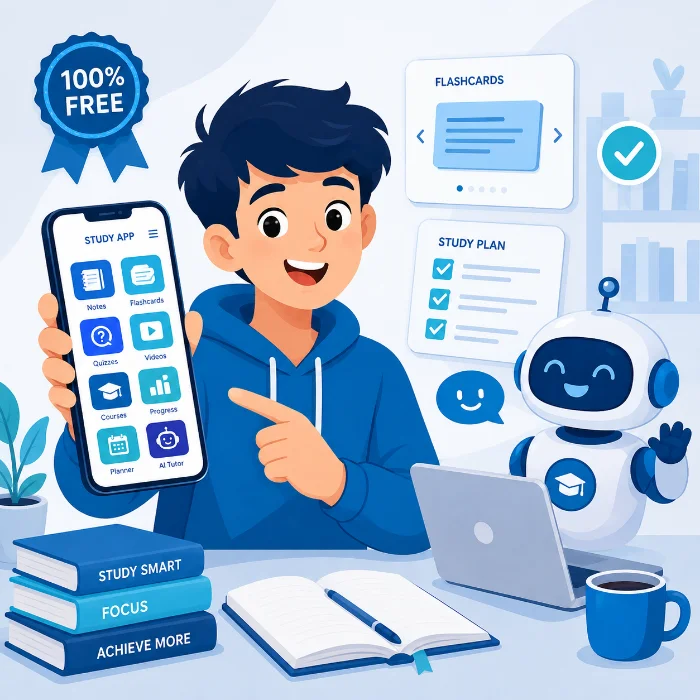 student holding phone with free study app icons
