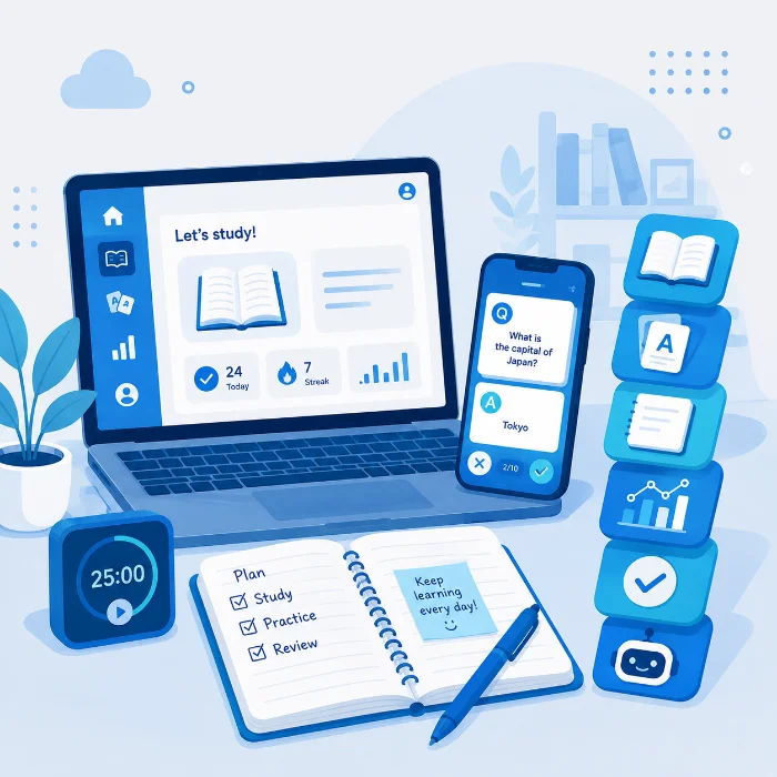desk setup showing a free study app stack for students
