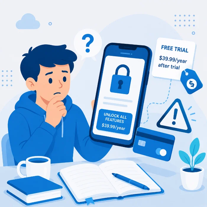 warning about hidden costs and paywalls in free study apps