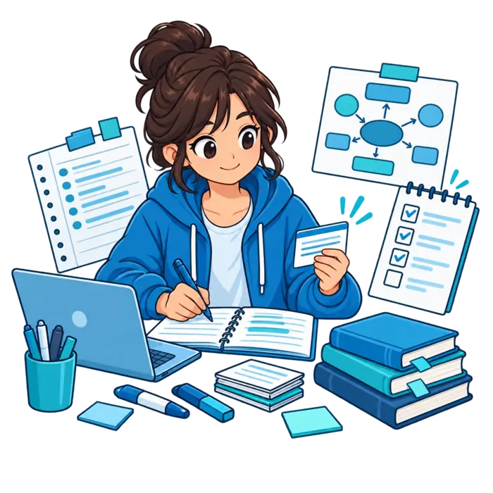 Student organizing notes questions checklist and concept map into a personal study guide