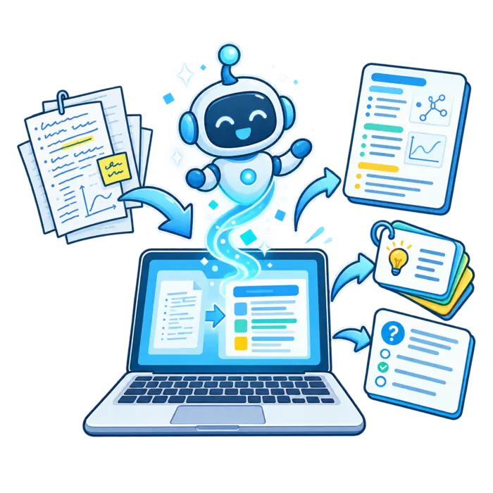 AI transforming course notes into study guide sections flashcards and practice questions