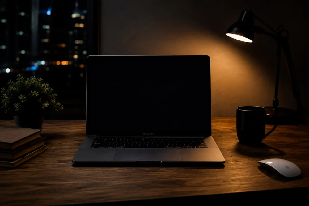 Nighttime desk setup with laptop, lamp, and city view