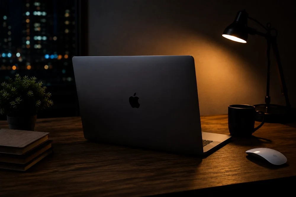 Laptop and lamp on a desk at night