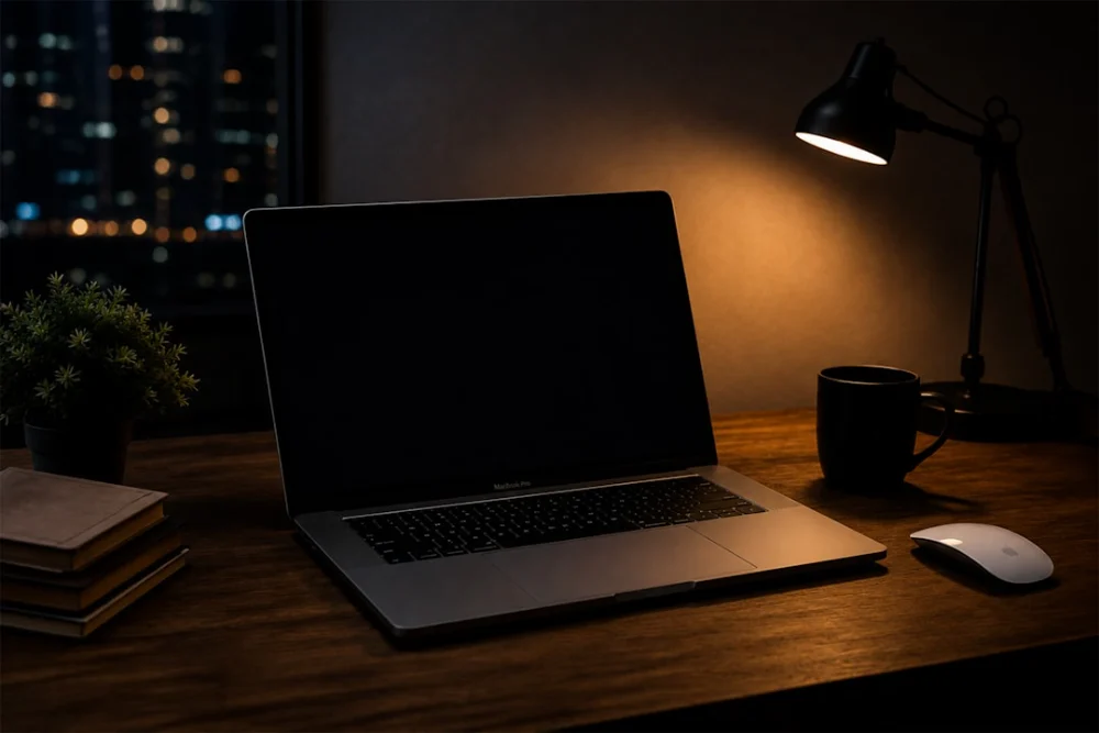 Nighttime desk setup with laptop, lamp, and city lights