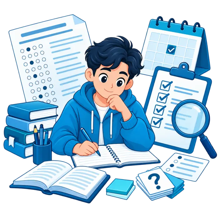 Student reviewing an exam paper checklist calendar and study resources