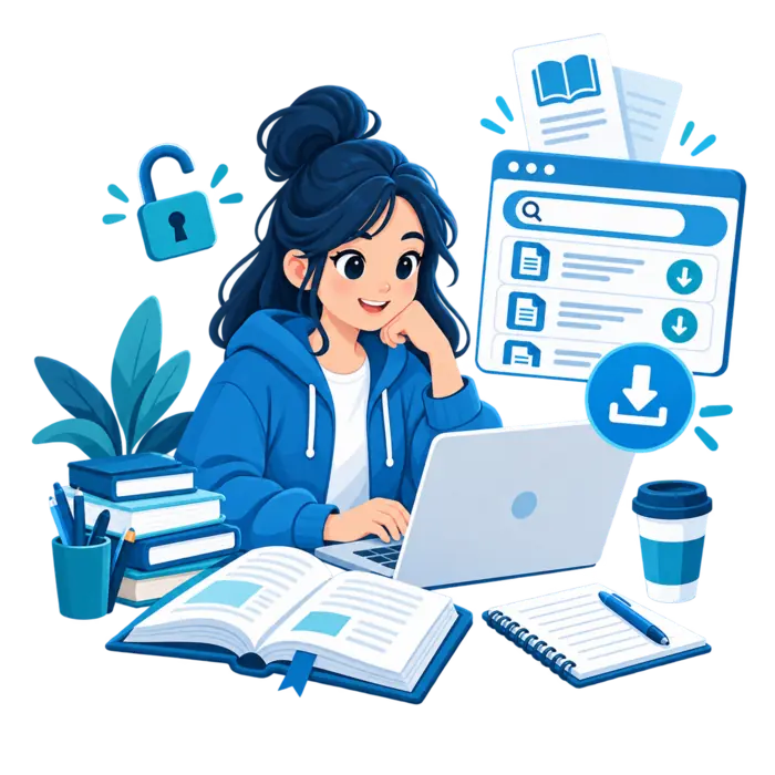 Student searching and downloading free study guides on a laptop