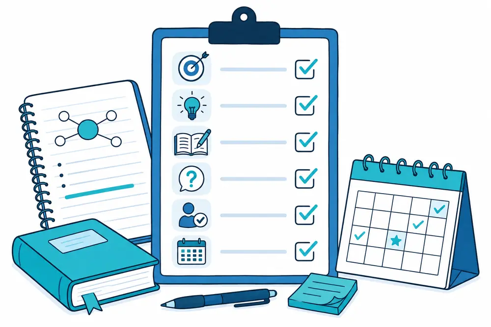 Checklist showing learning goals key concepts examples practice questions and review planning