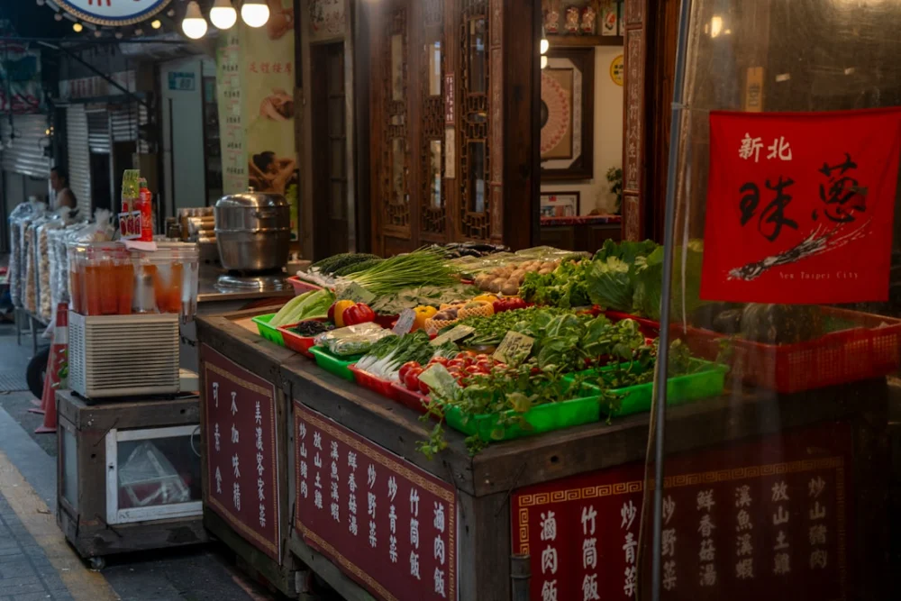 Fresh produce displayed at an outdoor market stall