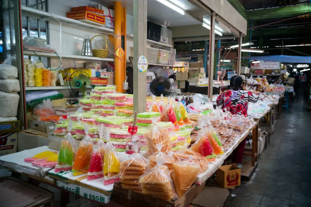 Colorful snacks and drinks displayed at market stalls