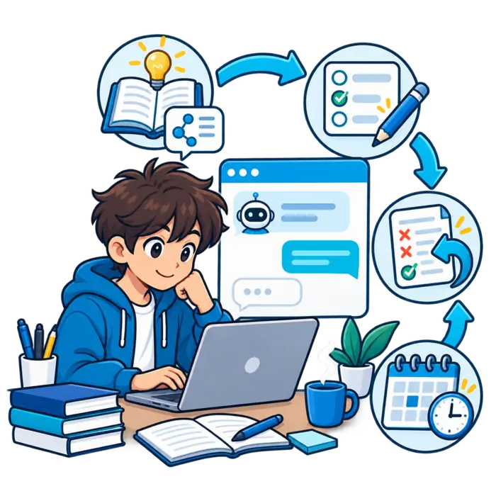 Student following an explain quiz correct and review workflow with a chat assistant