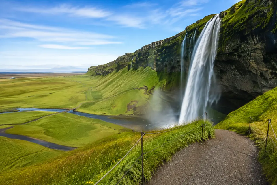 Iceland waterfall and marked viewpoint path