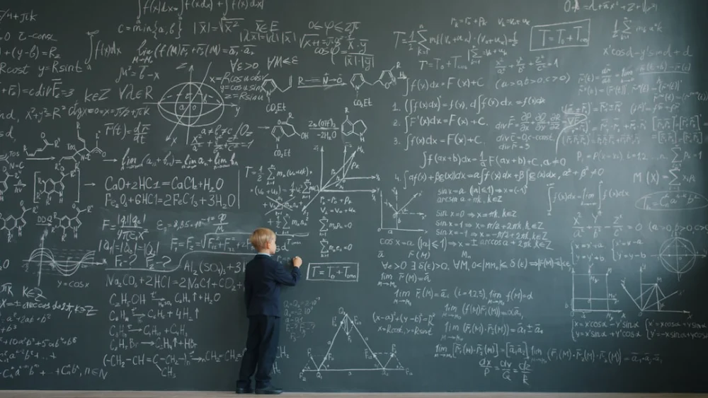 Young boy writing complex formulas on a chalkboard