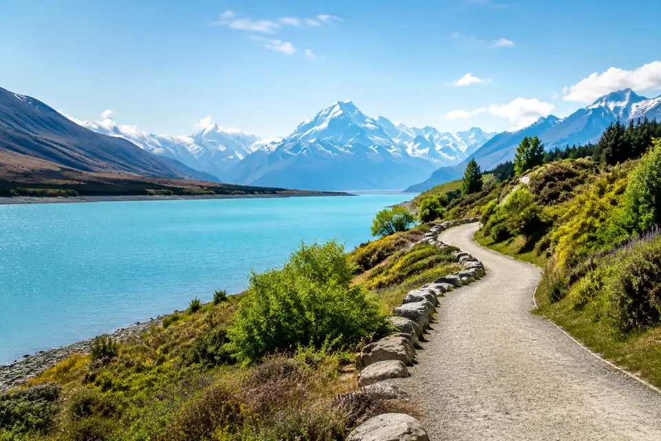 New Zealand alpine lake and walking path