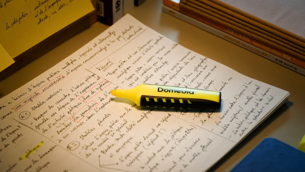 A yellow highlighter rests on handwritten notes