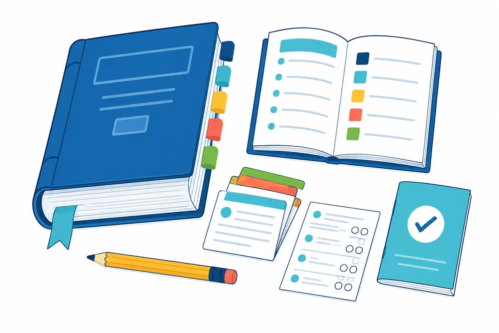 Printed study guide book with chapter tabs practice pages and an answer booklet