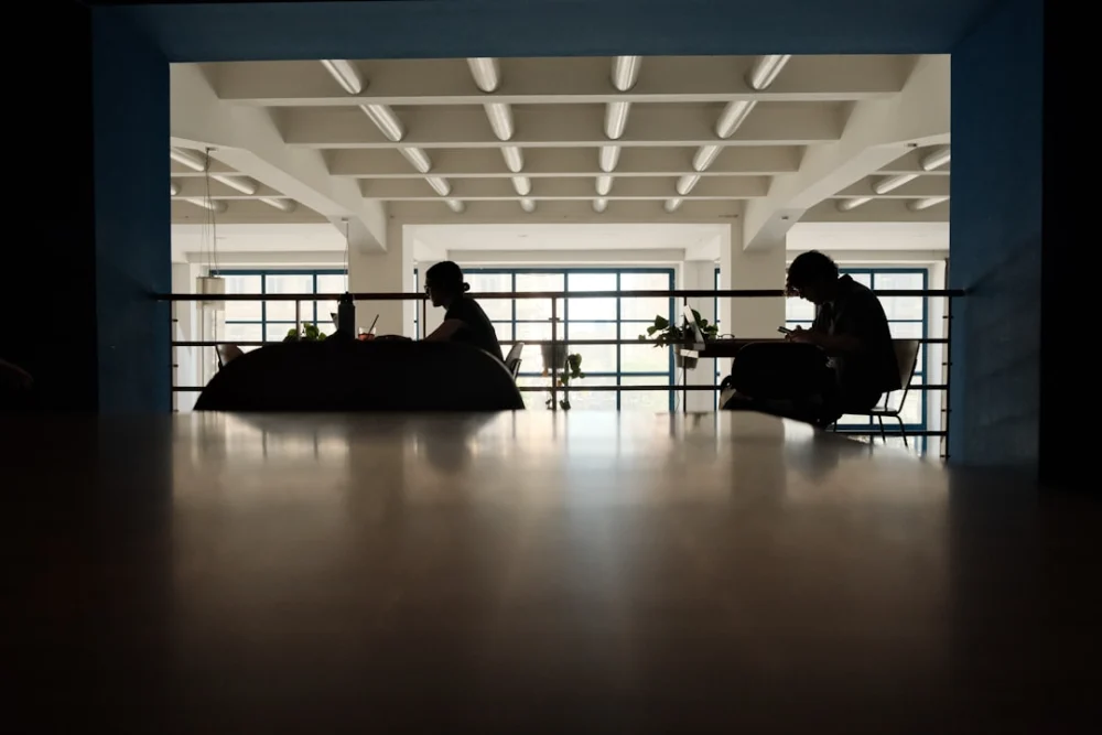 Two silhouetted people working in a modern office