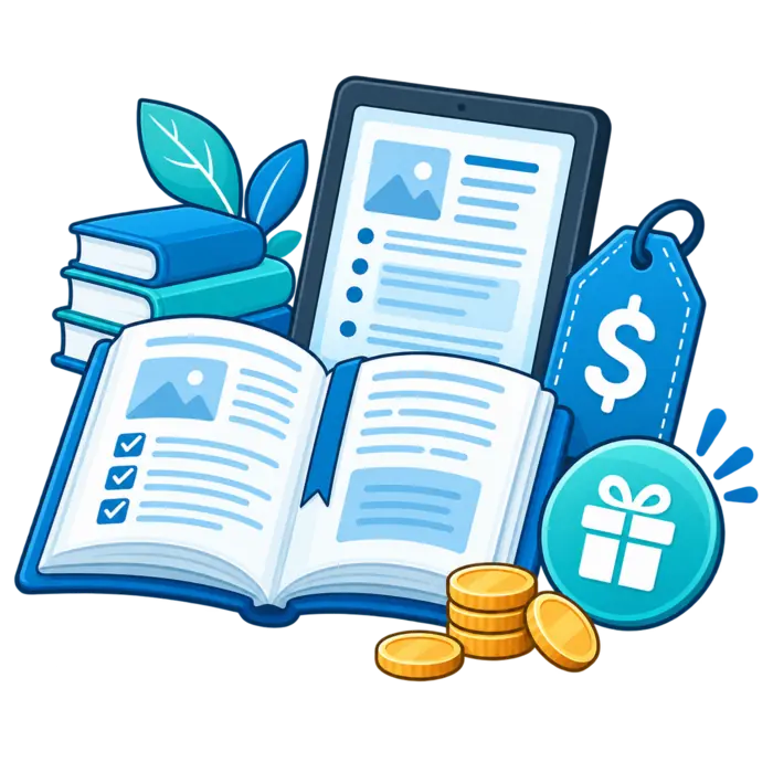 Printed and digital study guides with a price tag and coins