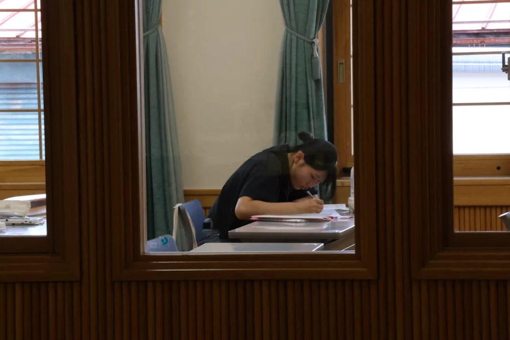 A person studying at a desk with books