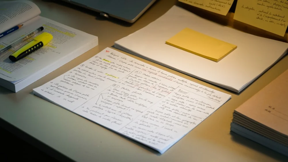 A desk with papers, pens, and a highlighter
