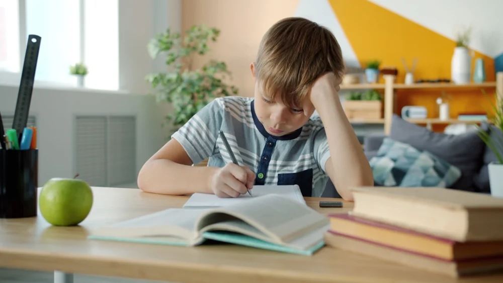Young boy concentrating while doing homework at desk