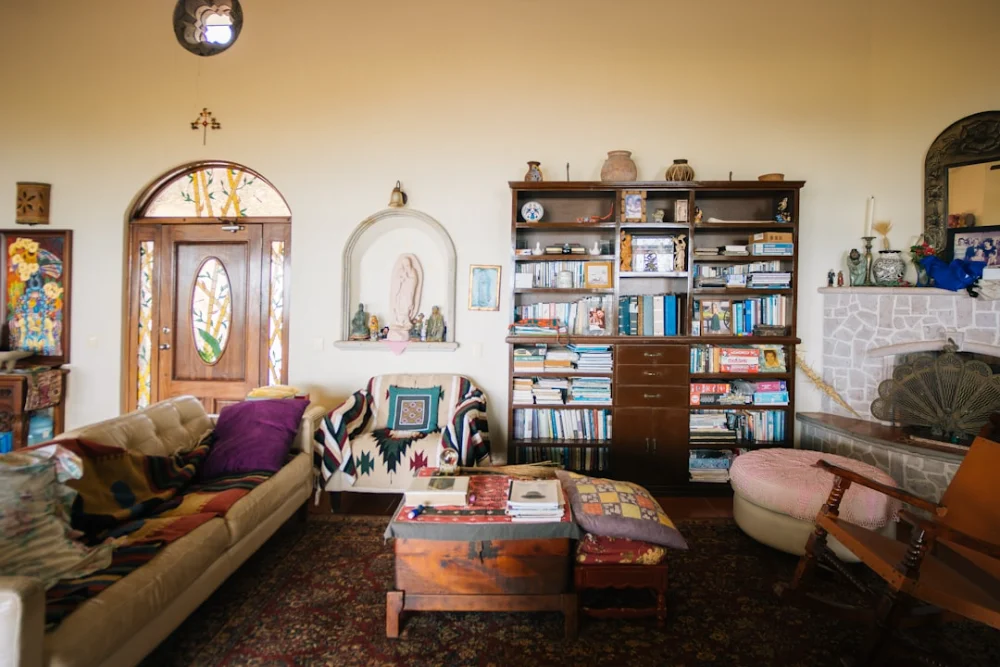 Cozy living room with eclectic decor and bookshelves