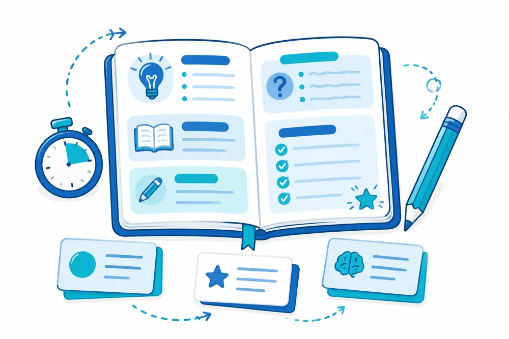 Illustration of an organized study guide with key ideas practice questions and a review checklist