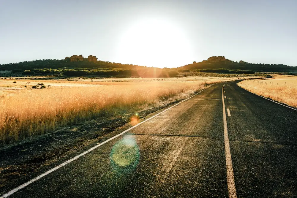 Open road leads to sunlit hills at sunrise