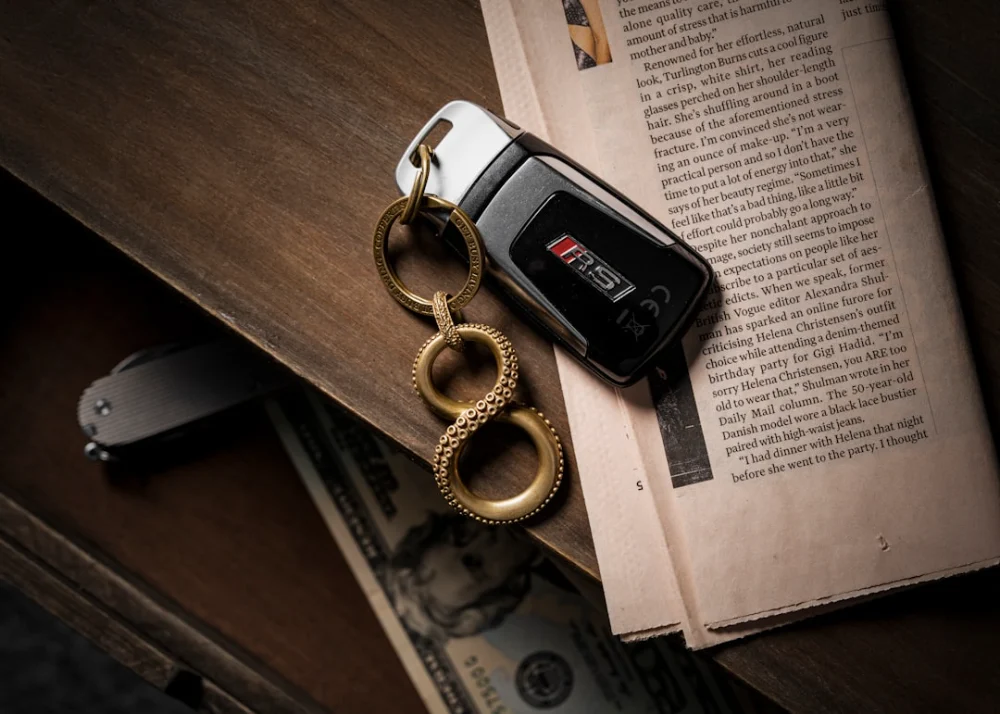 a key chain on a book
