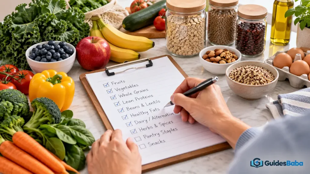 Healthy grocery list with fresh produce and pantry staples