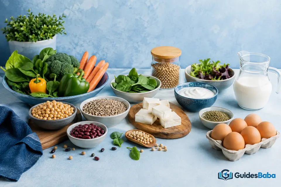Vegetarian meal ingredients including vegetables, eggs and dairy